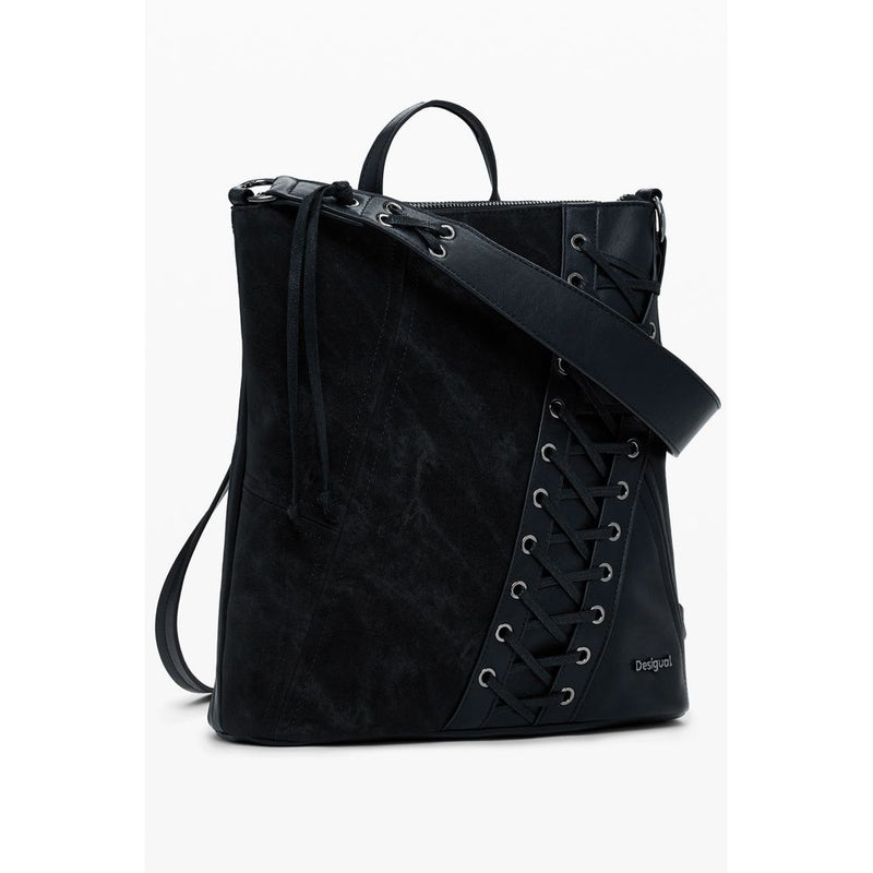 Black polyurethane women's handbag with lace-up detail and a shoulder strap