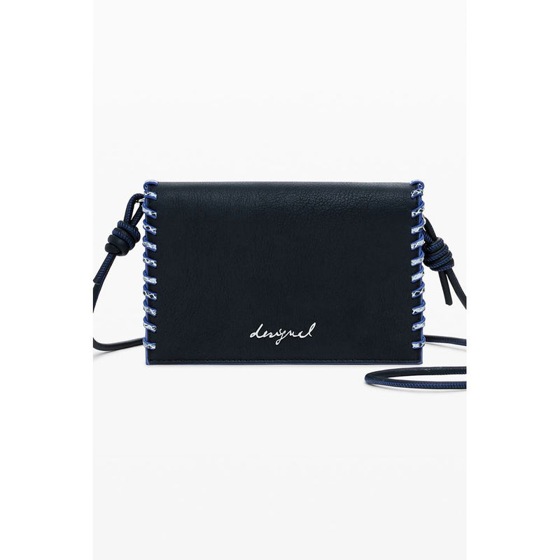 Black polyurethane women's wallet with blue and white side lacing and a crossbody strap