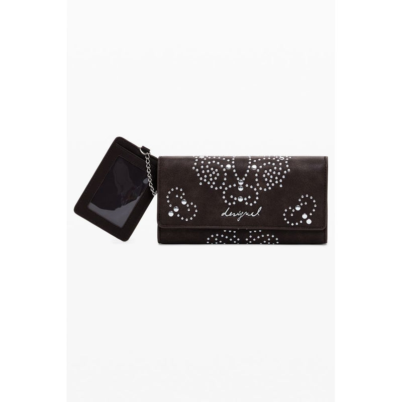 Brown polyurethane Desigual women wallet with silver stud patterns and a detachable card holder