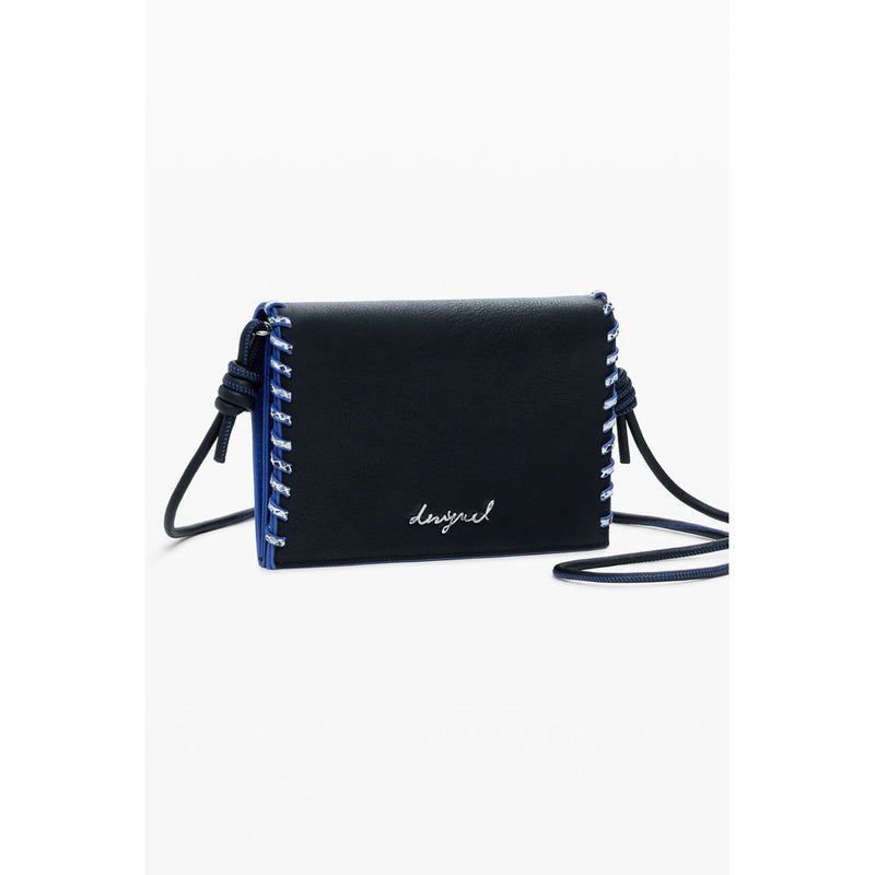 Black polyurethane women's wallet with blue and white side lacing and a crossbody strap