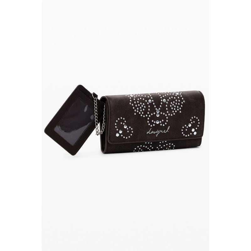 Brown polyurethane wallet with silver stud embellishments and a detachable card holder on a chain