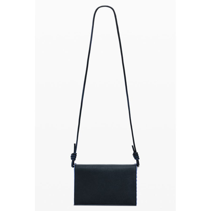 Black polyurethane women's crossbody wallet with a long thin strap