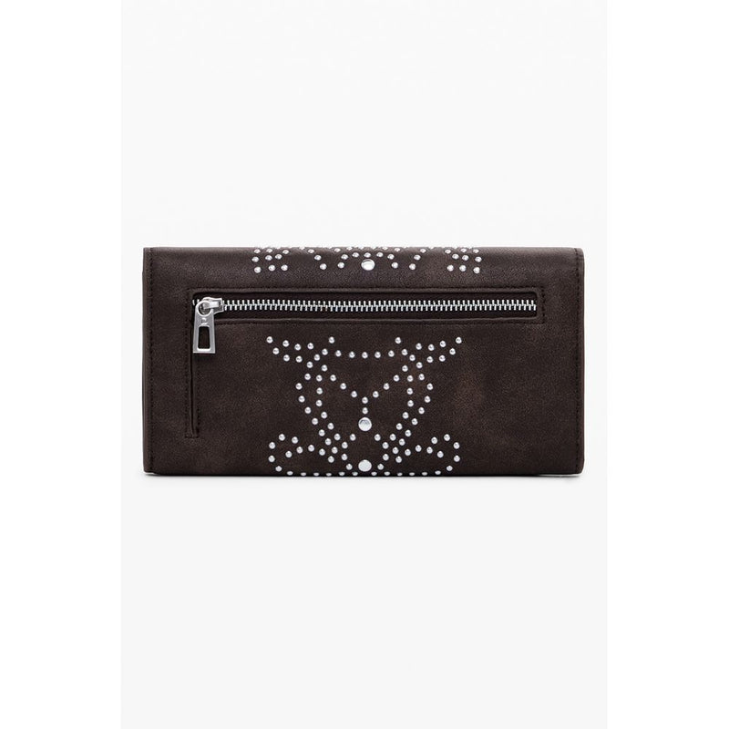 Brown polyurethane women wallet with silver studs and a zippered pocket on the back
