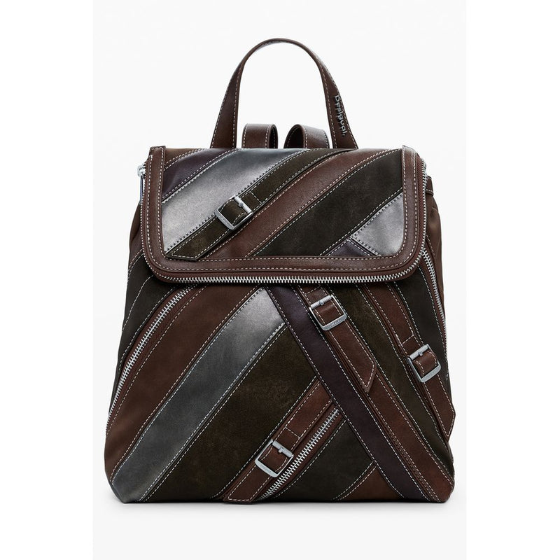 Brown polyurethane women backpack with diagonal stripe pattern and buckles