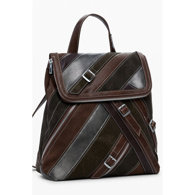 Brown polyurethane women backpack with diagonal stripe patchwork, zippers, and buckles