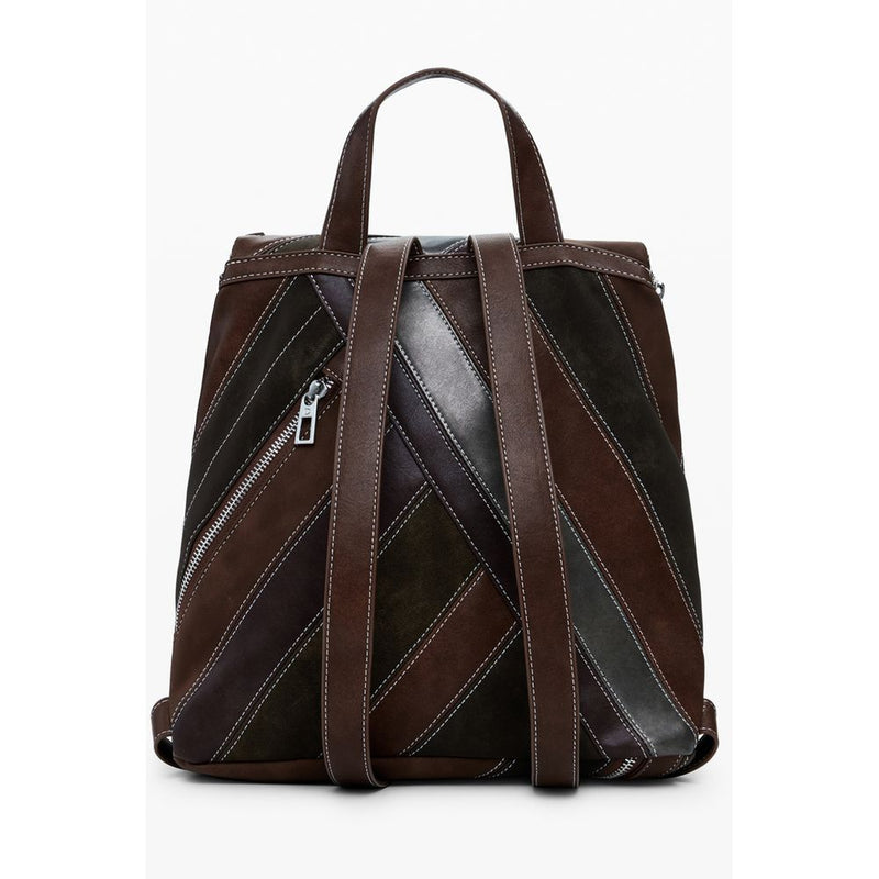 Brown polyurethane women's backpack with diagonal panel patchwork design and straps