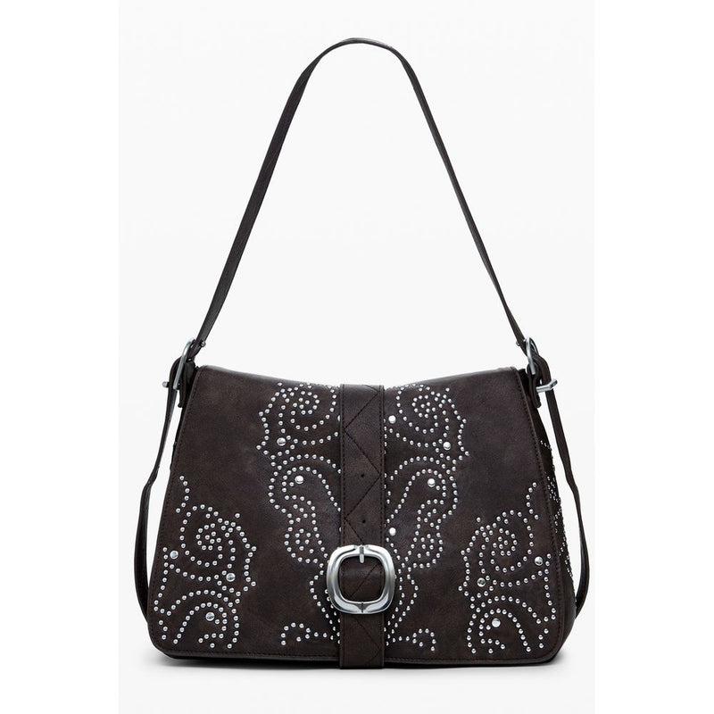 Brown polyurethane women shoulder bag with silver stud patterns and a buckle closure
