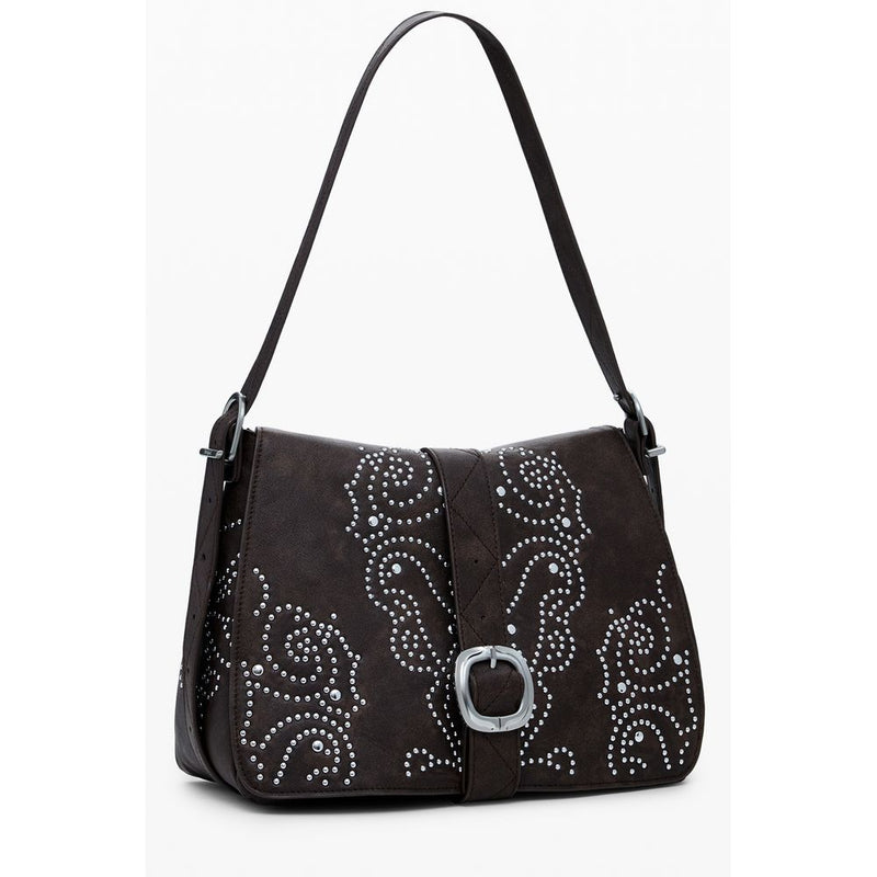 Brown polyurethane women's shoulder bag with silver studs and a buckle closure