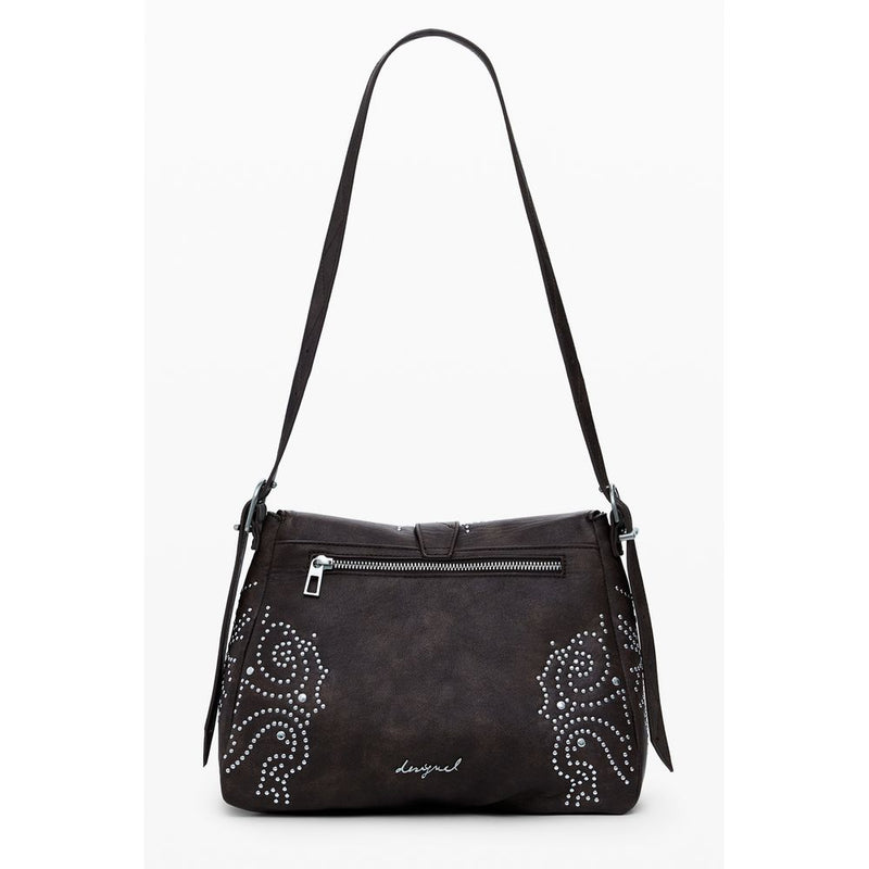 Brown polyurethane shoulder handbag with silver stud patterns and zip pocket