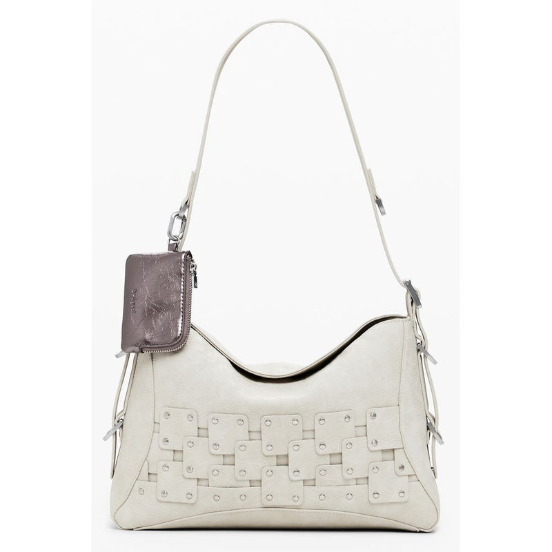 Beige polyurethane women's hobo bag with a woven pattern panel and a small detachable metallic pouch