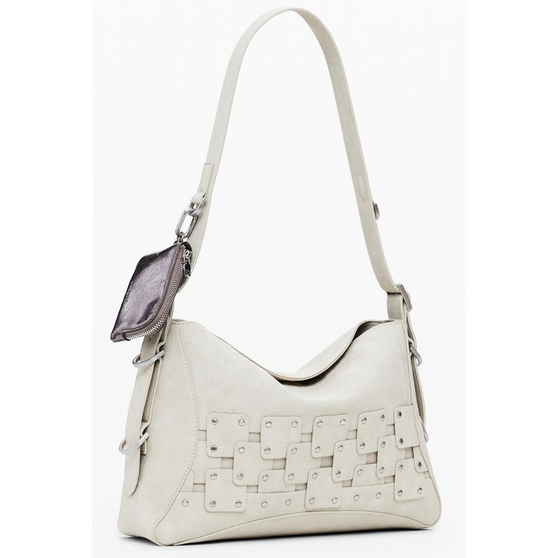 Desigual beige polyurethane women's shoulder bag with woven strap details and a small dangling pouch