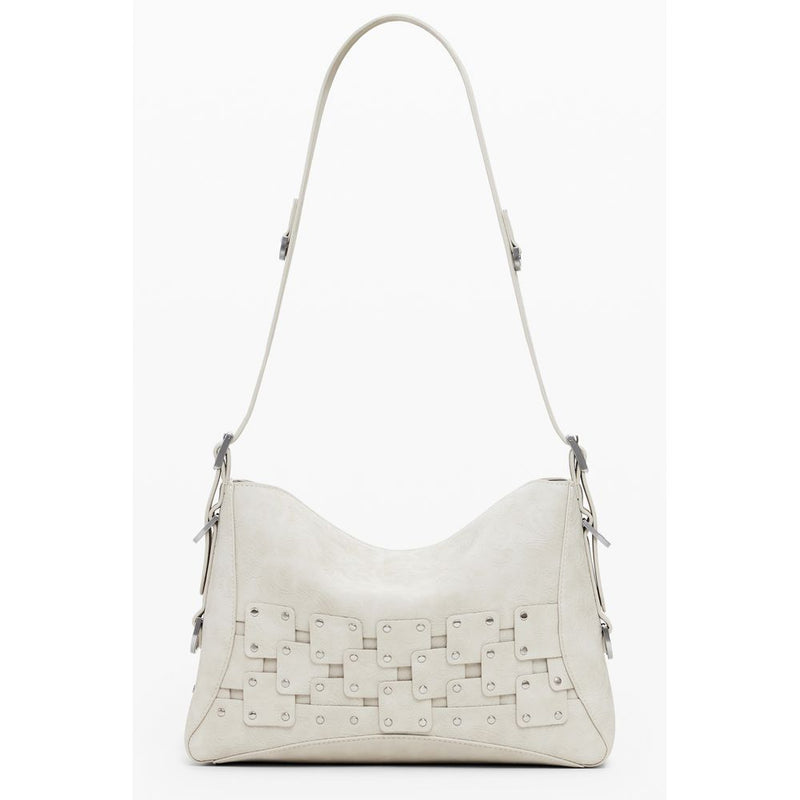 Beige polyurethane women's shoulder bag with a woven pattern and decorative studs