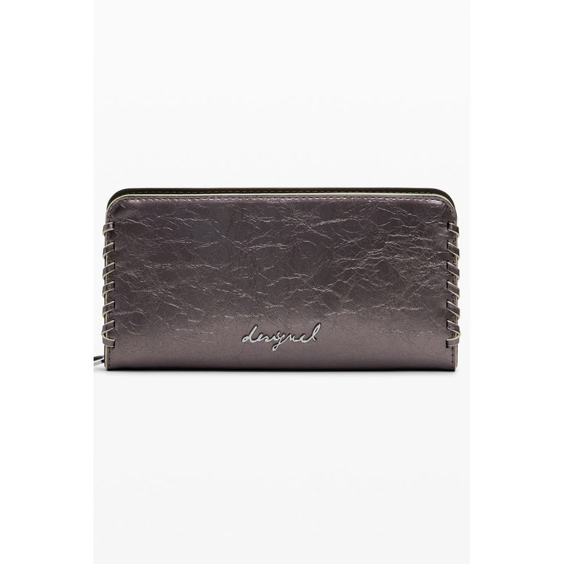 Metallic bronze polyurethane women's wallet with side whipstitching and a silver logo