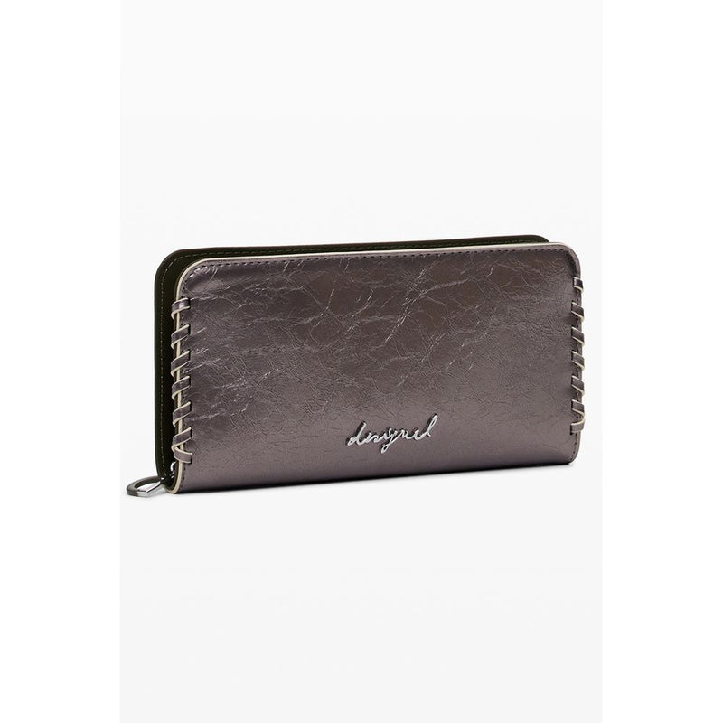Bronze polyurethane zip-around wallet with textured finish and side stitching