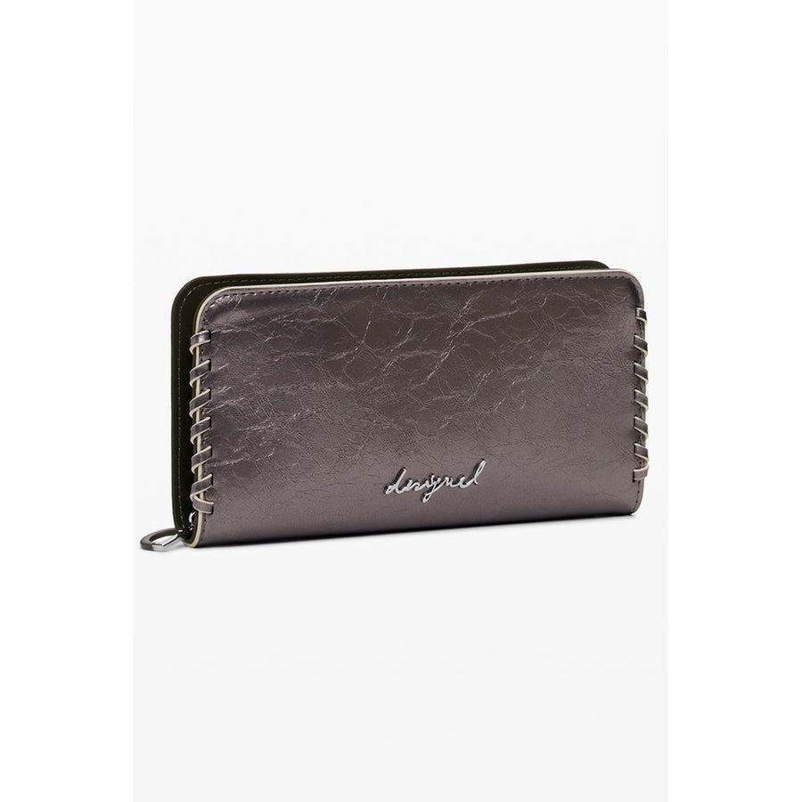 Metallic bronze polyurethane women's wallet with side whipstitching and a silver logo