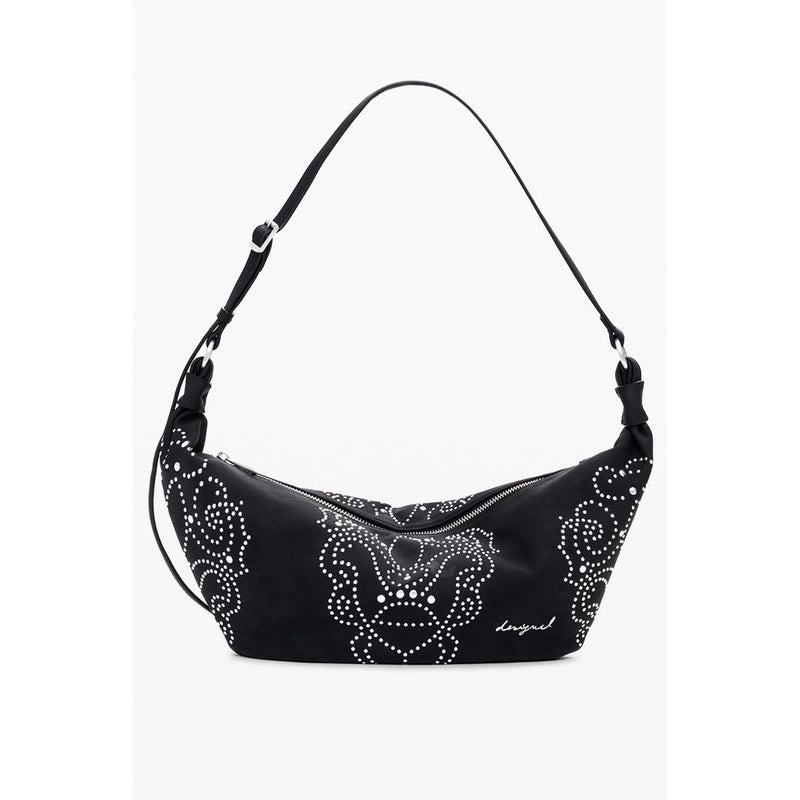 Black polyurethane women's shoulder bag with white studded patterns and a single strap