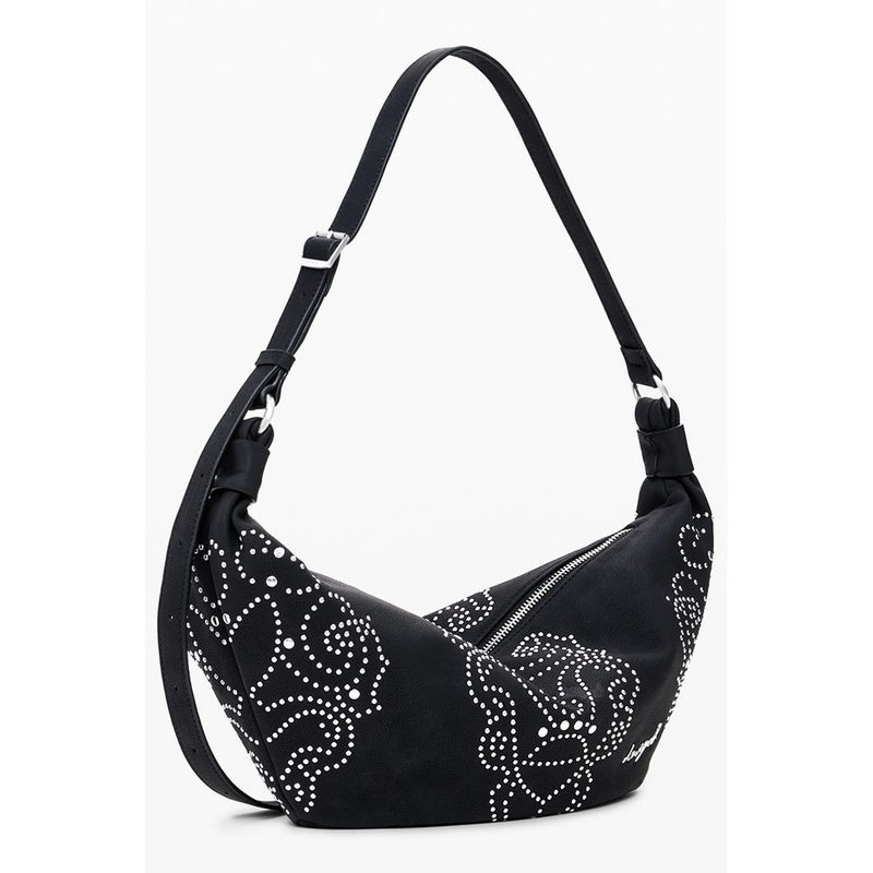 Black polyurethane hobo shoulder bag with white studded floral patterns and adjustable strap