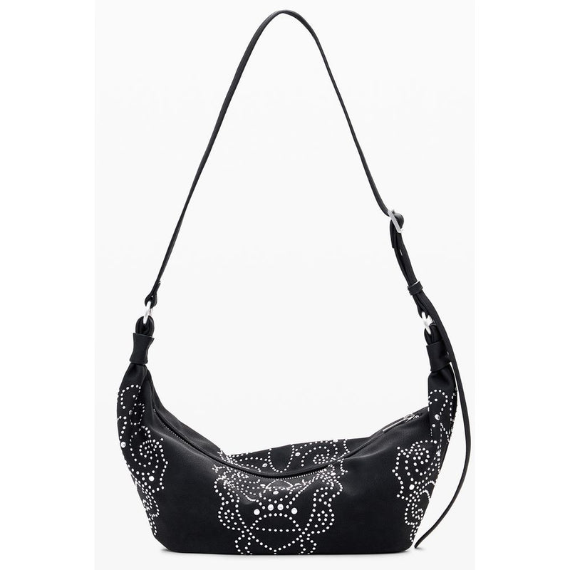 Black polyurethane slouchy shoulder handbag with white stud patterns and long strap