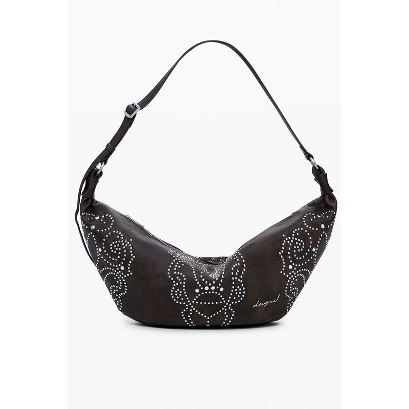Brown polyethylene hobo handbag with white studded scroll patterns and a shoulder strap