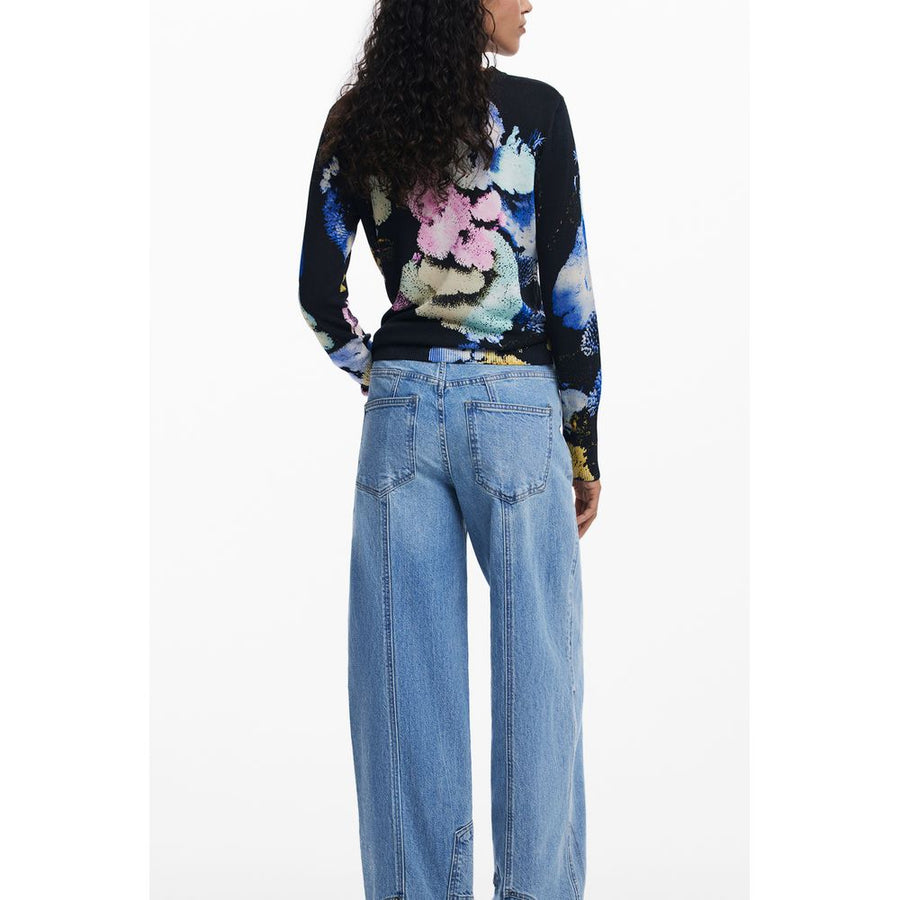 Black viscose women's long-sleeve knit sweater with a colorful floral brushstroke print and crew neck