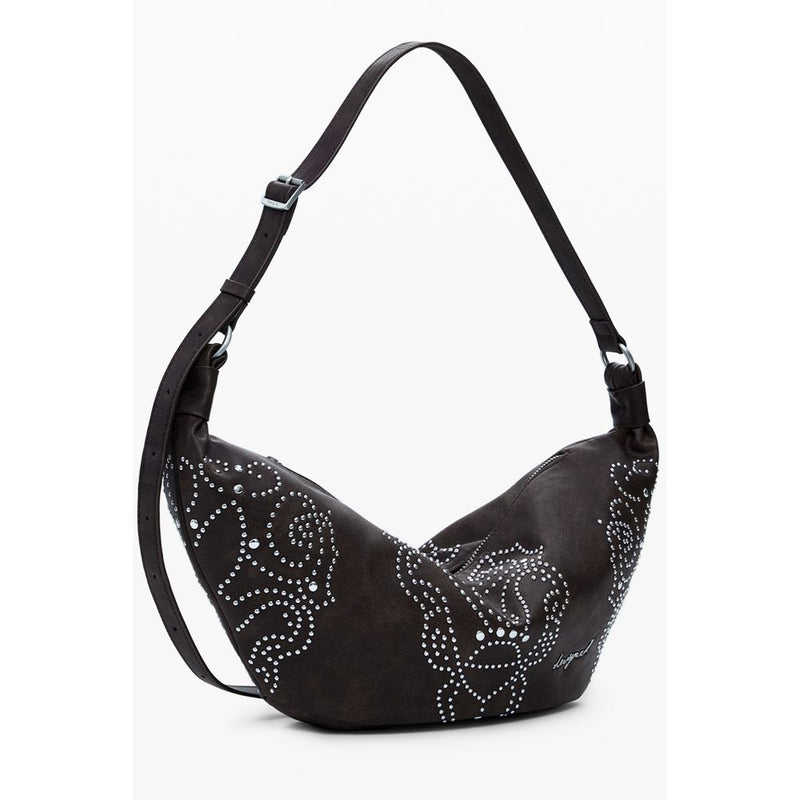 Brown polyethylene hobo handbag featuring silver stud patterns and an adjustable shoulder strap