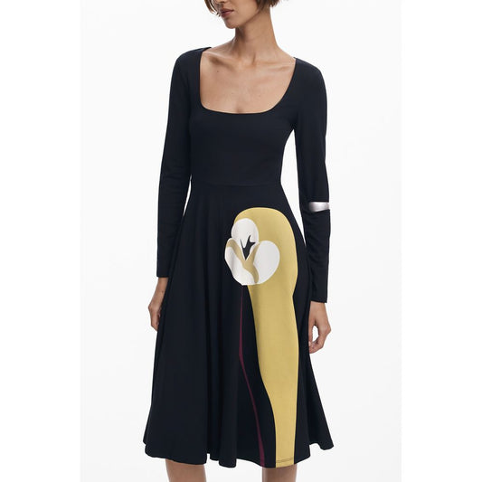 Black long-sleeve cotton dress with square neckline and yellow abstract graphic on flared skirt