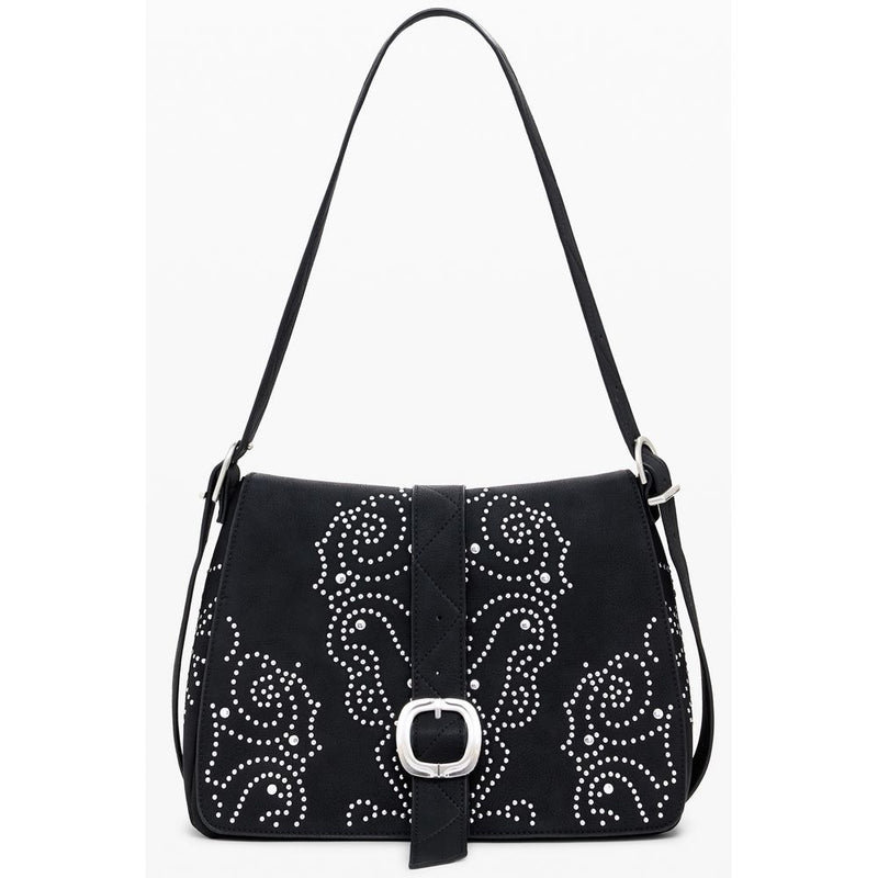 Black polyurethane women's shoulder handbag with white stud patterns and a center buckle closure