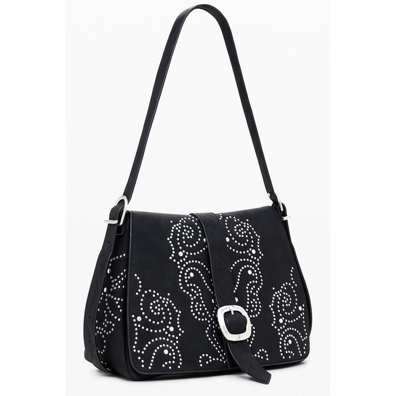 Black polyurethane shoulder bag with white stud patterns and a buckle closure