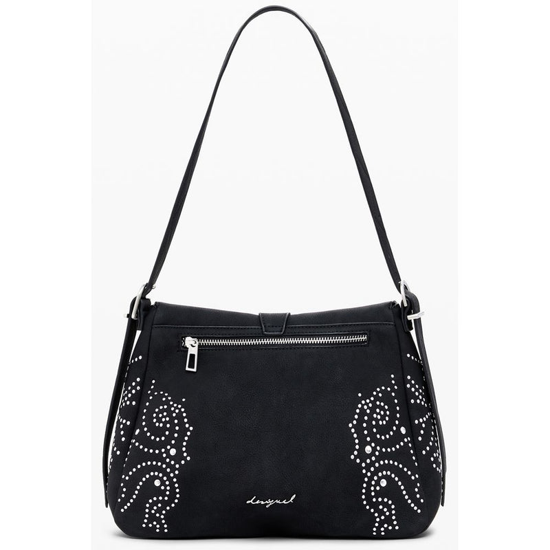 Black polyurethane shoulder bag with silver stud patterns, exterior zipper, and a single strap