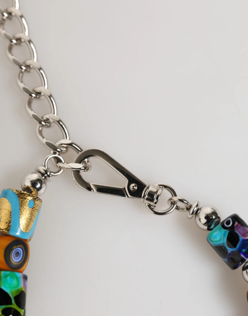 Silver metal chain necklace with colorful Murano glass beads and clasp closure