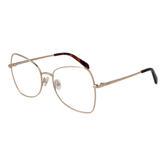 Emilio Pucci gold metal eyeglass frames with oversized geometric lenses and tortoise shell temple tips