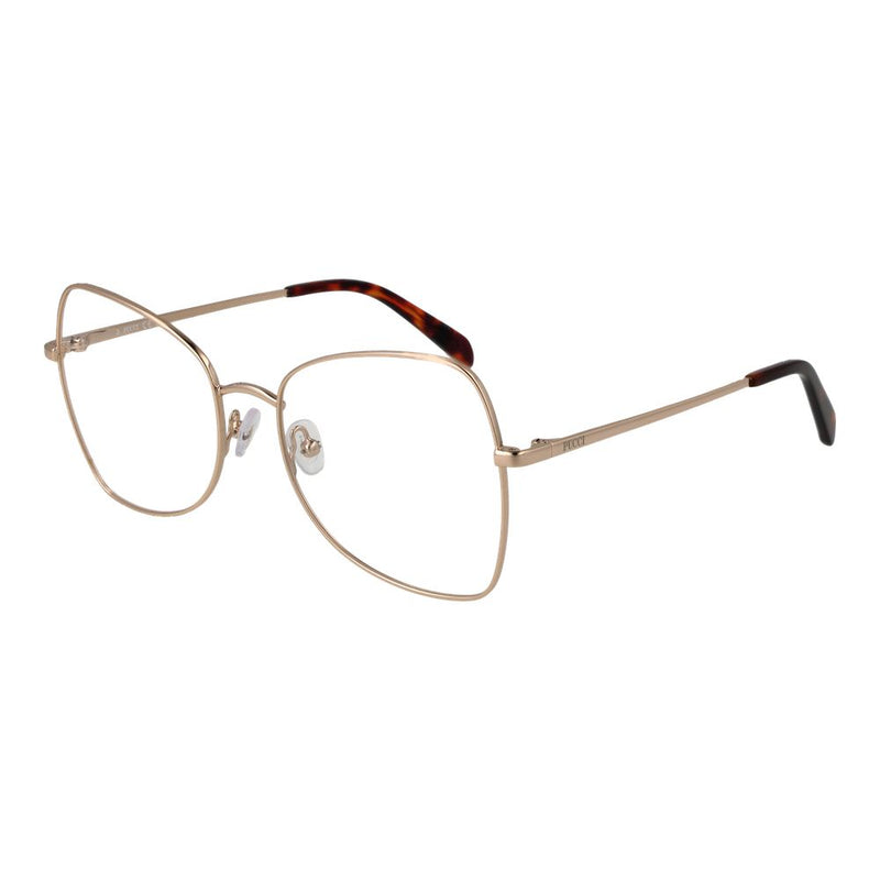 Emilio Pucci gold metal eyeglass frames with oversized geometric lenses and tortoise shell temple tips