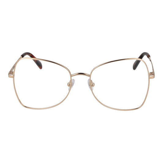 Gold metal eyeglass frames with large angular lenses and tortoiseshell temple tips