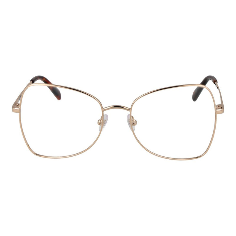 Gold metal eyeglass frames with large angular lenses and tortoiseshell temple tips
