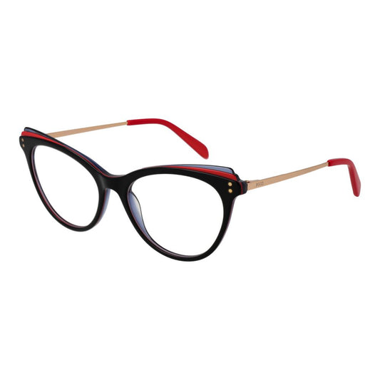 Black cat-eye acetate glasses frames with red and gold temples