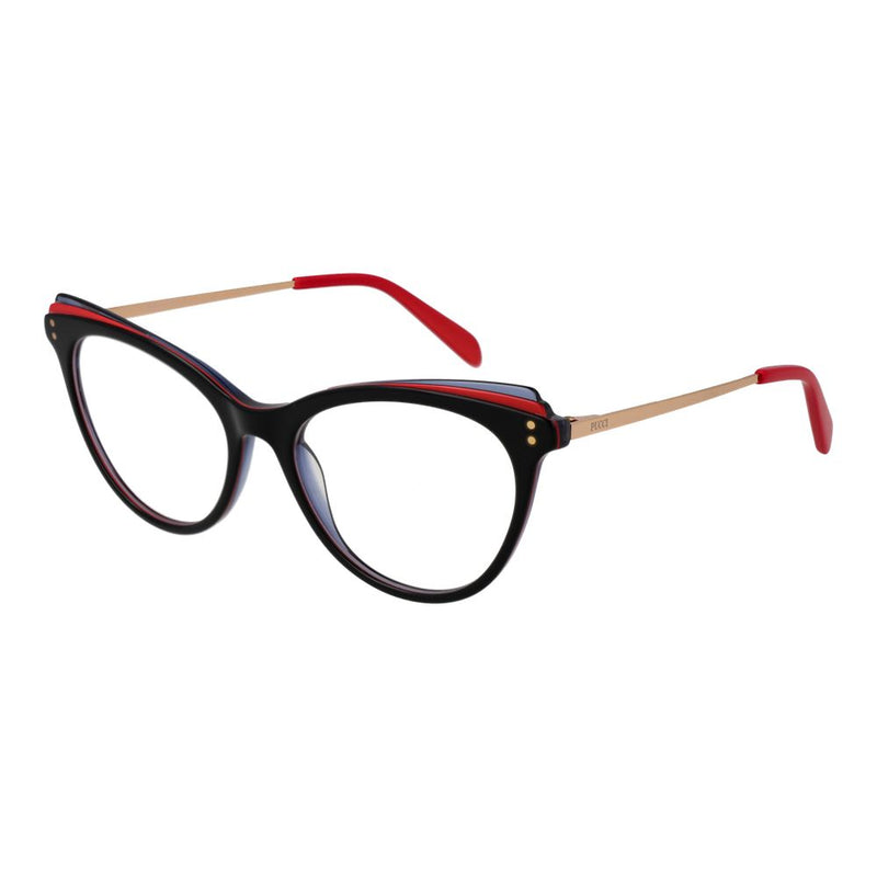 Black cat-eye acetate glasses frames with red and gold temples