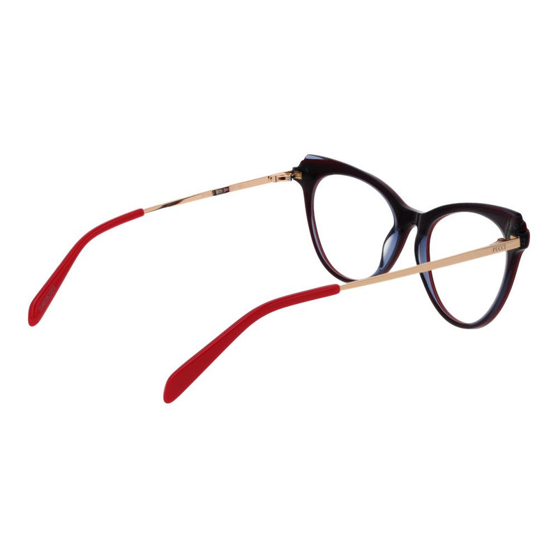 Emilio Pucci cat-eye glasses with black acetate frames, gold metal temples, and red tips