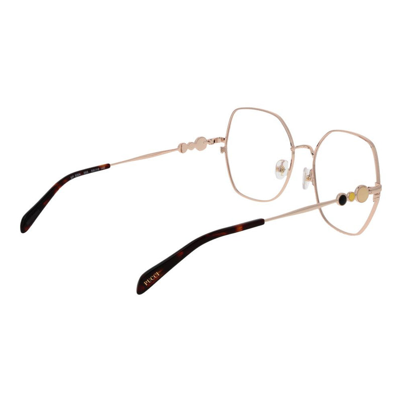 Rose gold metal eyeglass frames with hexagonal lenses and tortoiseshell temple tips