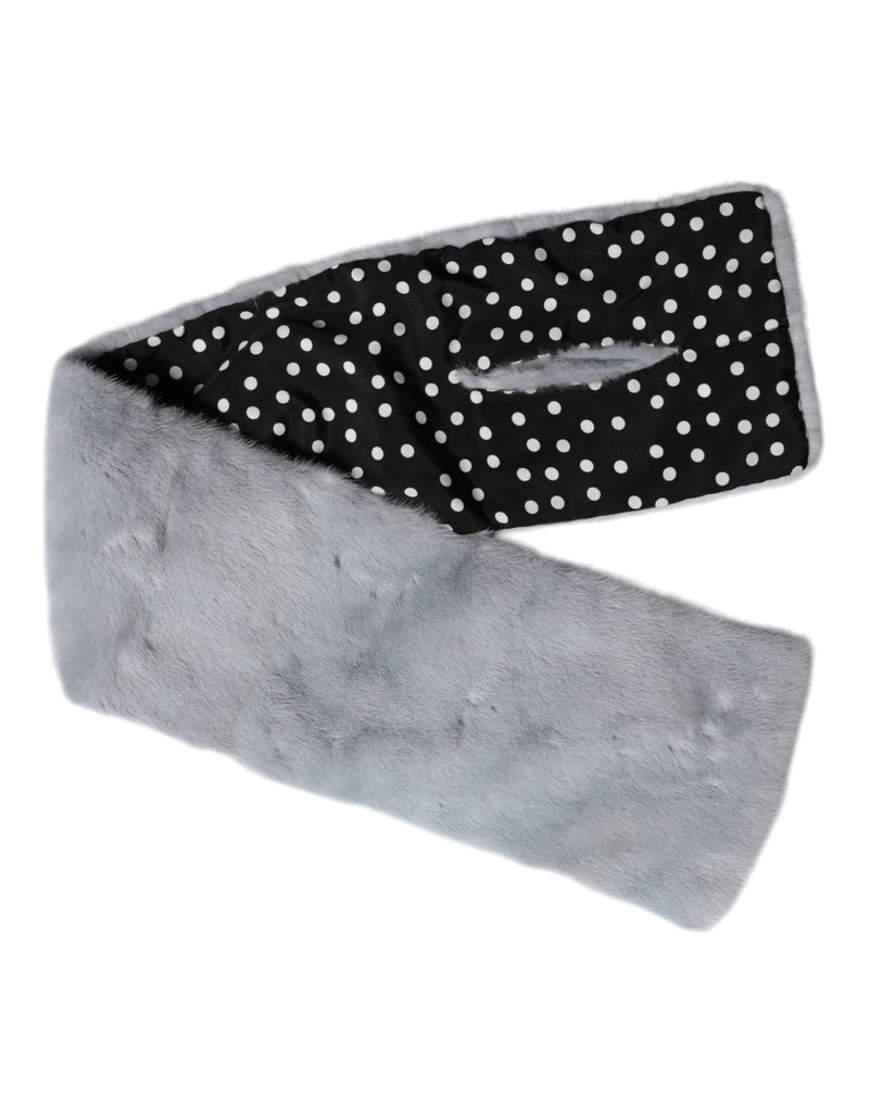 Powder blue mink fur neck warmer scarf with black and white polka dot lining