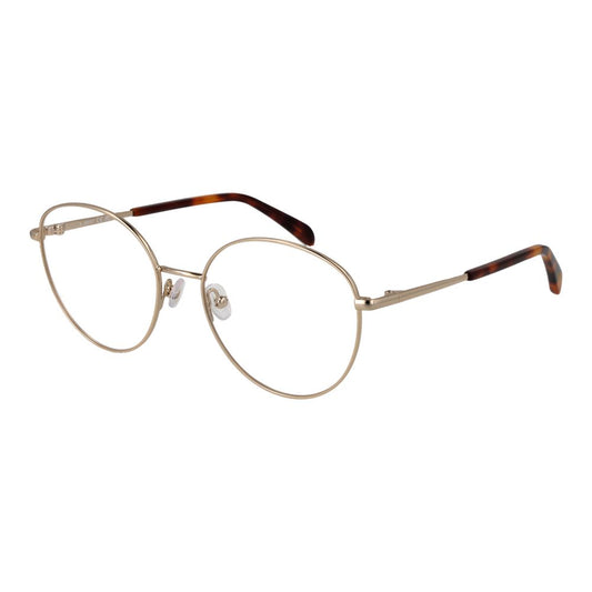 Gold metal eyeglasses with round frames and tortoiseshell temple tips