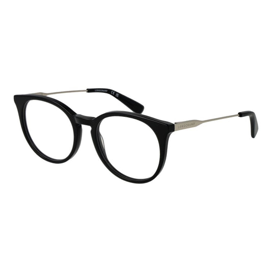 Longchamp black plastic and metal eyeglasses frames with round rims and thin silver temples