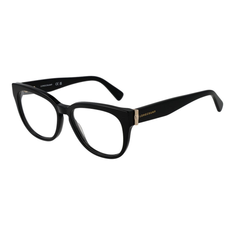 Glossy black acetate cat-eye eyeglass frames with gold accents