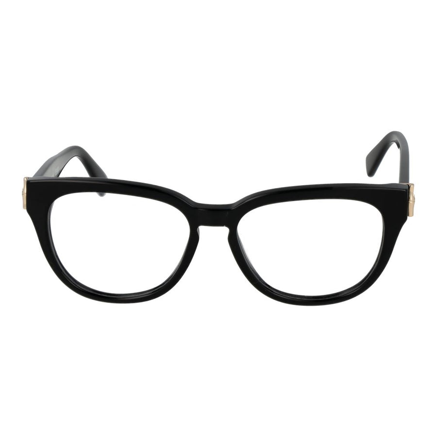 Glossy black acetate cat-eye eyeglass frames with gold accents