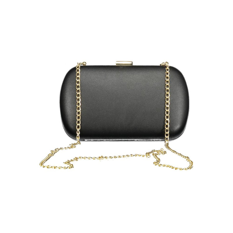 Black polyurethane hard-shell clutch bag with a gold chain strap