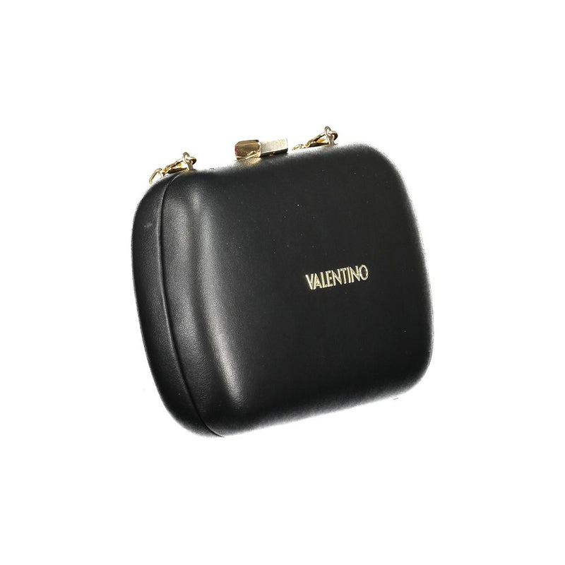 Black polyurethane structured women's crossbody bag with gold hardware and logo