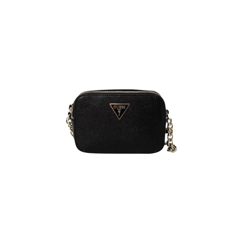 Black textured polyethylene camera handbag with gold chain strap and Guess logo plaque