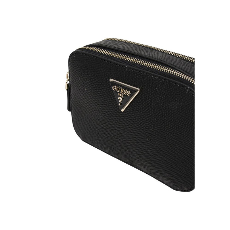 Black textured faux leather camera bag with a gold zipper and triangular Guess logo plaque