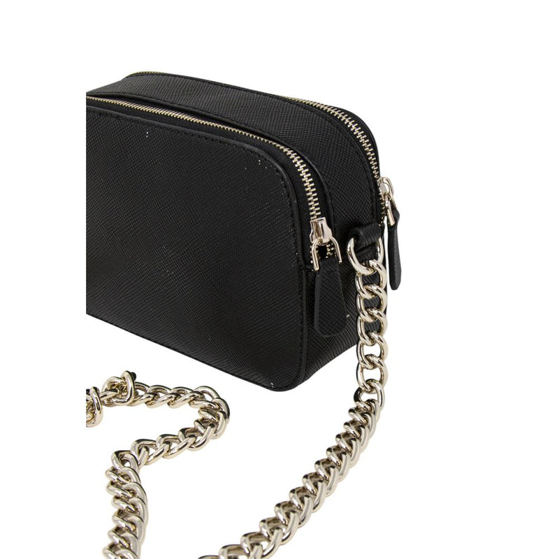 Black polyethylene crossbody handbag with double zippered compartments and a silver chain strap