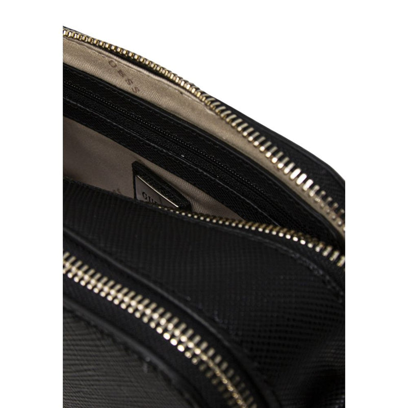 Black textured polyethylene handbag with zipper closure and interior pocket lining