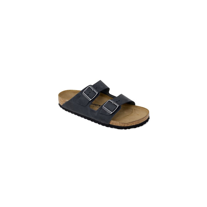 Birkenstock Arizona slide sandal in matte black leather with a contoured cork footbed and dual adjustable buckles.